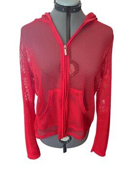 Catalina Red Mesh Hoodie Zipper & Pockets Ladies Size L Lightweight Swim Cover